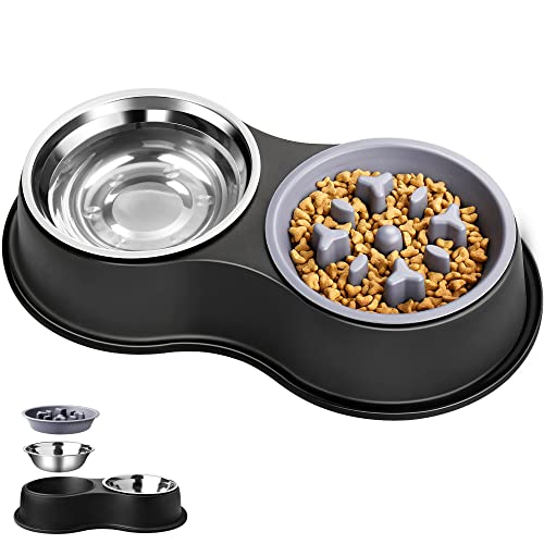 Epetslove Dog Bowls Double Dog Water and Food Bowls Stainless Steel Bowls with Non-Slip Resin Station, Pet Feeder Bowls for Puppy Medium Dogs Cats - color: 2. Slow Feeder, size: Medium-18oz