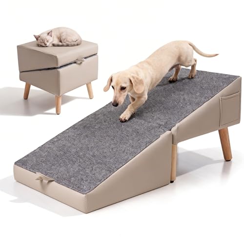 Dog Ramp for Couch & Bed, 2-in-1 Dog Stairs for Small and Medium Dogs & Cats, 16'' Indoor Pet Ramp with 23°Gentle Slope, Non-Slip Felt, Joint Protection for Senior & Injured Pets, Sturdy Ottoman-Style - color: M-grey