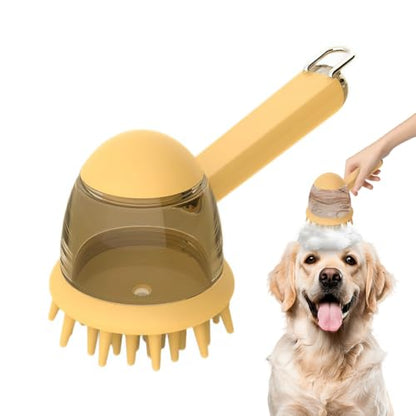 Pet Bath Brush, Dog Grooming Massage Brush with Shampoo Dispenser Adjustable Massage Scrubber for Dogs & Cats Hair - color: Yellow