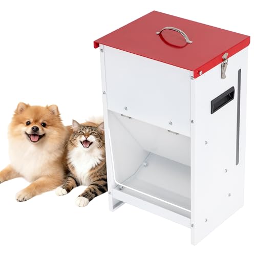Automatic Dog Feeder - 15LBS Food Capacity Automatic Gravity Dispenser, Powder Coated & Waterproof for Indoor & Outdoor Use, 10.2" L x 8.3" W x 19" H, Red and White - size: 15 Pounds - 1 PC