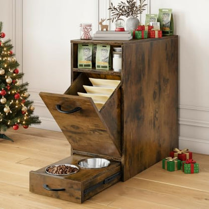 DWVO Dog Feeding Station with Storage, Dog Food Cabinet with 2 Feeder Bowls, Pull Out Elevated Dogs Bowl, Rustic Brown - color: Brown, size: 1 PCS
