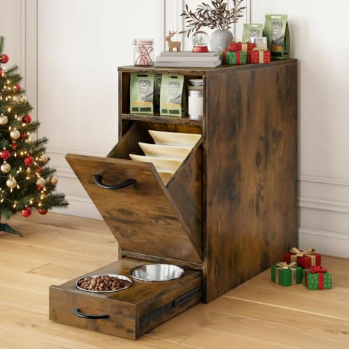 DWVO Dog Feeding Station with Storage, Dog Food Cabinet with 2 Feeder Bowls, Pull Out Elevated Dogs Bowl, Rustic Brown - color: Brown, size: 1 PCS