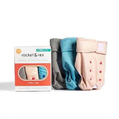 rocket & rex Washable Reusable Female Dog Diapers with Snaps (Large, 3ct) | Adjustable for a customized, snug fit. Includes liner pocket for extra absorbency. Guaranteed for 300 washes. - size: Large