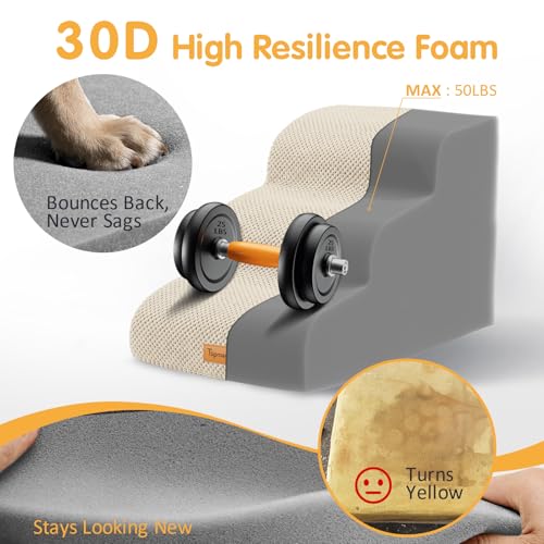 Topmart 3 Tiers Foam Dog Ramps/Steps,Non-Slip Pet Steps | Extra Wide Deep Dog Stairs,High Density Foam Pet Stairs/Ladder,Best for Older Dogs,Cats,Small Pets - color: Beige, size: 23.6*15.7*15.7