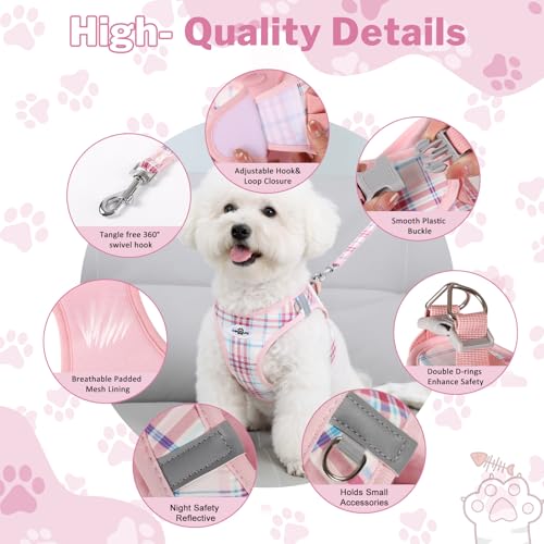 Gyuzh Small Dog Harness and Leash Set for Puppy & Kitten - 3-in-1 No Pull Step in Vest Collar, Lightweight Reflective Plaid, Padded Handle (Pink, XS) - color: Pink, size: XS