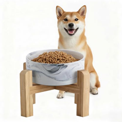 Elevated/Raised Ceramic Dog Bowl with Bamboo Stand,Marble Pattern 6 Inch 3.6 Cups Non Slip Heavy Weighted Single Pet Dish, for Small Medium Breed & Cats,Reduces Neck Strain Marble Grey - color: Marble Gray, size: 3.6 Cups - Medium