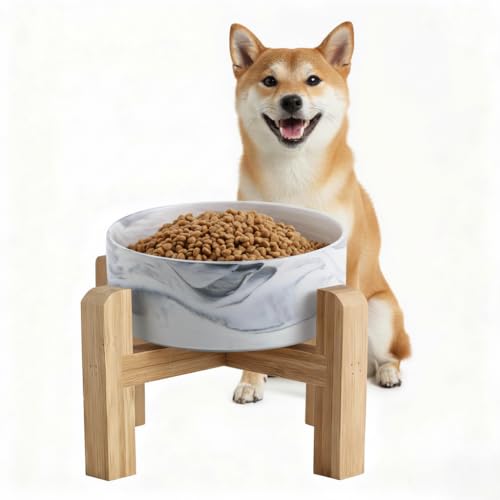 Elevated/Raised Ceramic Dog Bowl with Bamboo Stand,Marble Pattern 6 Inch 3.6 Cups Non Slip Heavy Weighted Single Pet Dish, for Small Medium Breed & Cats,Reduces Neck Strain Marble Grey - color: Marble Gray, size: 3.6 Cups - Medium