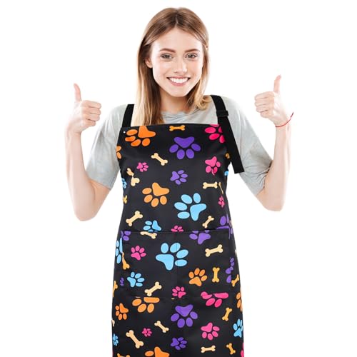 Dog Grooming Waterproof Apron with 2 Pockets, Cute Animals Puppy Dog Pets Apron - style: Colorful Dog Paws and Bones