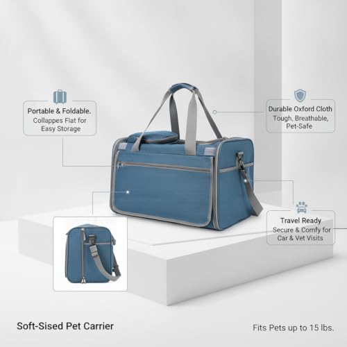 Durable Oxford Cloth Soft-Sided Pet Carrier, Foldable Travel Crate for Cats and Small Dogs up to 15 lbs, Portable Collapsible Bag for Car and Vet Visits