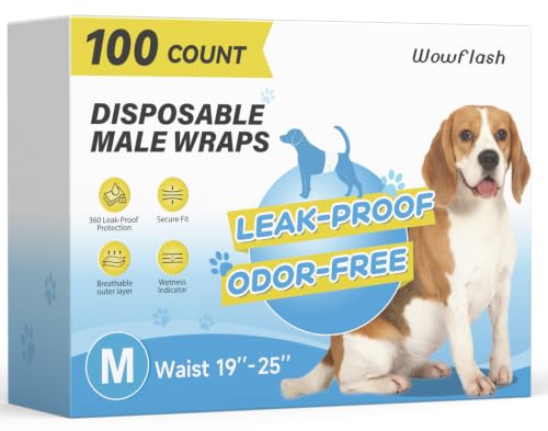 Wowflash 100 Count Male Dog Diapers Disposable, Leakproof Dog Wraps with Wetness Indicator, Breathable Quick-Dry, Secure Fit Doggy Belly Bands for Incontinence, Marking & House Training, Medium - size: Medium
