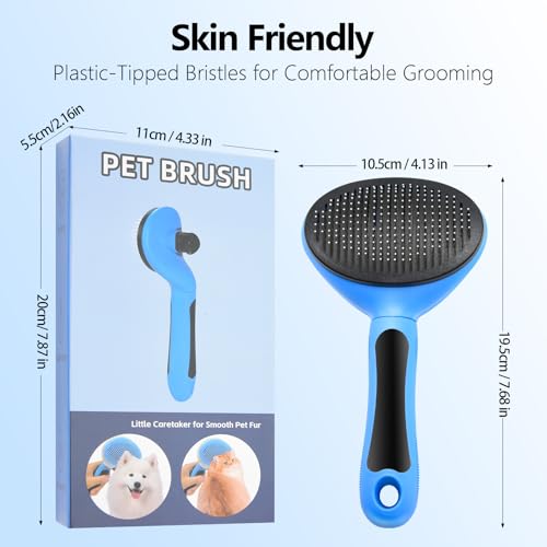 Self Cleaning Slicker Brush for Dogs & Cats, Deshedding Tool with Ergonomic Non-Slip Handle, One Button Hair Removal, Blue