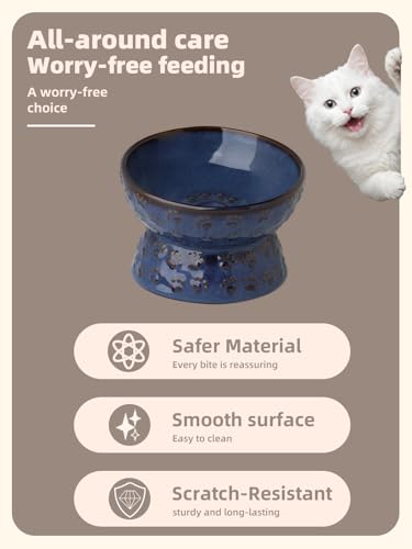 GDCZ Ceramic Tilted Elevated Cat Bowl, for Fat Faced Cat, Kitten (Blue) | 15° Tilted Elevated Design,5oz Small Meal Capacity,Chin-Friendly Ceramic,Paw Print - color: Blue