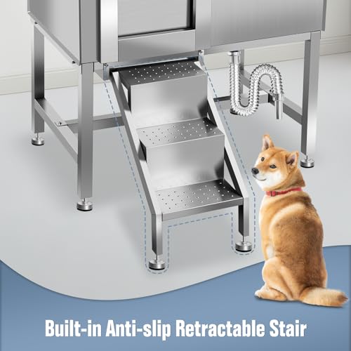 38" Dog Bathing Station, Professional Dog Washing Station Stainless Steel Dog Grooming Tub for Home,Equipped with Three Anti-Slip Steps, Removable Door, Pet Wash Station for Pet,L-RAMP - color: L-RAMP