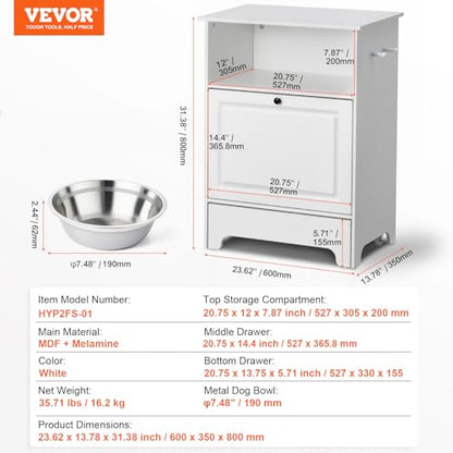 VEVOR Pet Feeding Station with 2 Elevated Dog Bowls, Raised Dog Bowls Stand with Storage, Food Cabinet with Hidden Pull-Out Bowl, Feeder Station, Pet Toy Storage Organizer for Dogs Cats, White - size: 23.62x13.78x31.38 inch