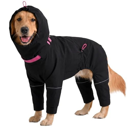 Kouser Waterproof Full-Body Coverage Dog Raincoat, Black 3XL | Dog Raincoat with Reflective Stripes, Adjustable Dog Rain Jacket with Leash D-Ring, Hooded Poncho for Small Medium Large Dogs - color: Black, size: XXX-Large(Back Length:25.98")