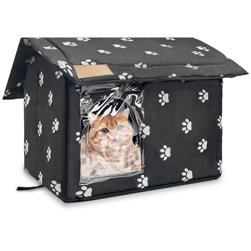 Fhiny Stray Cats Shelter, Waterproof Outdoor Cat House Foldable Warm Pet Cave for Winter Wild Animal Tent Bed Anti-Slip Kitten Cave for Feral Cat Dog Puppy Weatherproof Black (L:17.7"×15"×16.5") - size: L:17.7"×15"×16.5"