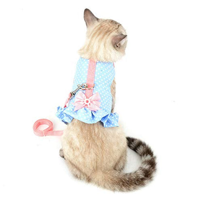 Zunea No Pull Small Dog Girl Harness Dress Escape Proof Cat Kitten Vest Harness Leash Set Step-in Soft Cotton Padded Polka Dot Jacket Chihuahua Puppy Clothes with Cute Bow for Walking Blue S - color: blue dots, size: S (Chest:14.5-15.7", Neck:9-9.8")