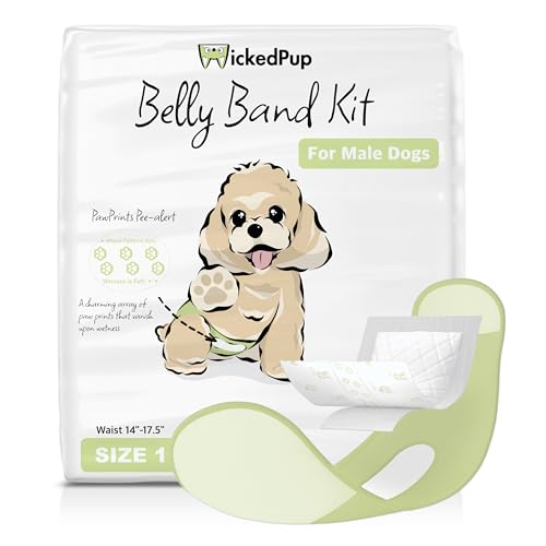 WICKEDPUP Male Dog Belly Band Kit, 50 Diaper Pads & 1 Reusable Male Wrap (Size 1 (14"-17.5" Waist)) - size: Size 1 (14"-17.5" Waist)
