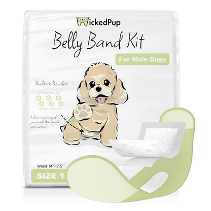 WICKEDPUP Male Dog Belly Band Kit, 50 Diaper Pads & 1 Reusable Male Wrap (Size 1 (14"-17.5" Waist)) - size: Size 1 (14"-17.5" Waist)