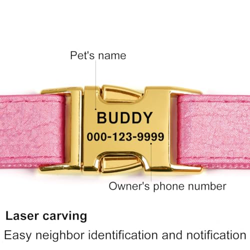Glare Hot Pink Personalized Dog Collars Leather and Nylon Thicken Design Engraved Heavy Duty Dog Collar with Name Plate Adjustable with Quick Release Metal Buckle for Small Medium Large Dogs,L - color: Pink - Personalized, size: L-(neck adjustable 15.7-27