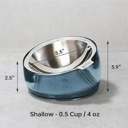 Felli Pet Oblik Whisker Fatigue Cat Food Bowl Raised Stainless Steel Shallow Dish, Pet Design Anti Vomit Tilted Metal Plate Feeder Elevated Acrylic Base (Shadow, 0.5 Cups Shallow Dish) - color: Shadow, size: 0.5 Cups Shallow Dish