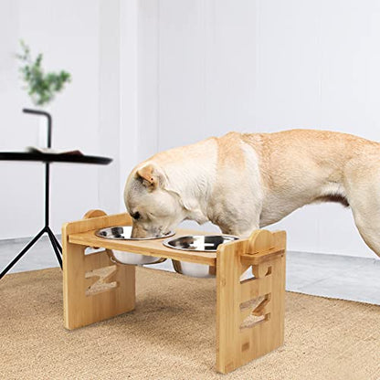 Elevated Dog Bowls, Adjustable Raised Tilted French Bulldog Food Water Bowl, Slanted Bamboo Pet Feeding Station with Stainless Steel Bowl for Small & Medium Dogs, Cat Kitten Flat Faced Puppy Feeder