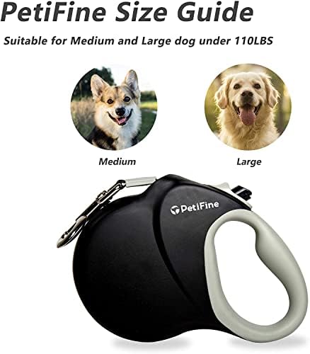 PetiFine Retractable Dog Leash for Large Dogs, 26 FT Heavy Duty Extendable Dog Leash up to 110lbs, Reflective Strong Nylon Tape, One-Handed Brake - color: Black