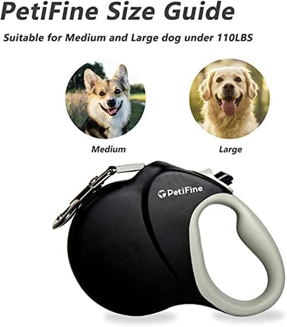 PetiFine Retractable Dog Leash for Large Dogs, 26 FT Heavy Duty Extendable Dog Leash up to 110lbs, Reflective Strong Nylon Tape, One-Handed Brake - color: Black