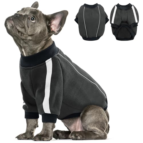 Queenmore Fleece Dog Sweater for Male Dogs, Soft Pullover Dog Sweatshirt with Leash Hole/Reflective Stripes – Cozy Winter Fleece Jacket for Small Medium Large Boy Puppy, Grey S - color: Grey, size: Small