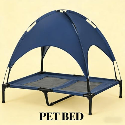 36" Ventilated Mesh Sofa Bed, Comfy Lounge Sofa with Shade Canopy, Fluffy Upholstered Dog Couch with Raised Frame for Outdoor Pet Leisure, Black,Dark Blue - color: Black,dark Blue