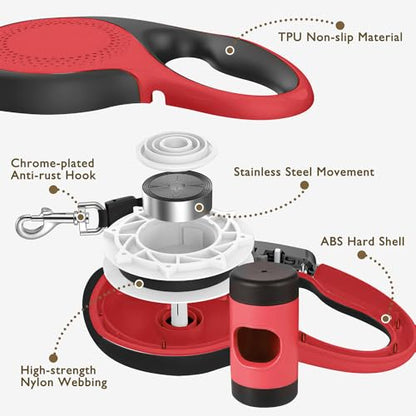 Retractable Dog Leash with Chew Proof Cable,26 ft Durable Dog Leash for Large Medium Dogs up to 110 lbs, 360° untangled, One-Handed Brake. (Red) - color: Red, size: 26ft