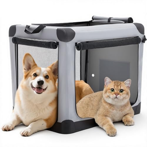 DUMOS Dog Crate 30 Inch Travel Cat Pet Carrier for Small Medium, Portable Foldable Soft Pet Crate with Storage Bag & Washable Pad for Indoor Outdoor Dog Kennel Carrier (M-50lbs, Grey) - color: Grey, size: 30 Inch