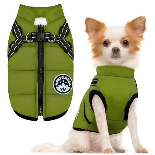 PETCARE Winter Dog Coat with Harness Built in Waterproof Dog Jackets Warm Pet Fleece Vest Windproof Snow Jacket Snowsuit Reflective Dogs Cold Weather Coats for Puppy Small Medium Large Dogs Cats - color: Green, size: XL(Chest 18" Suggest 12-15 lbs)