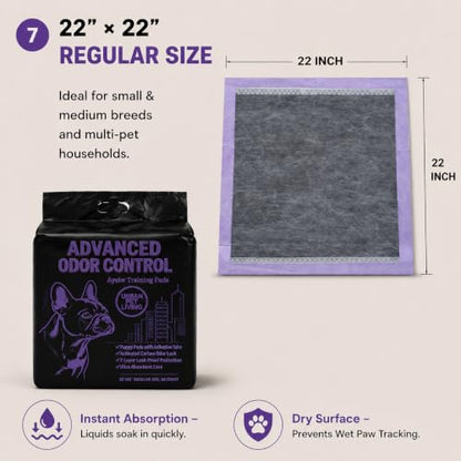 Charcoal Dog Training Pads Advanced Odor Control Puppy Pee Pads, 22x22 Inch, 7-Layer Leak-Proof, Ultra Absorbent, Adhesive Tabs, 50 Count