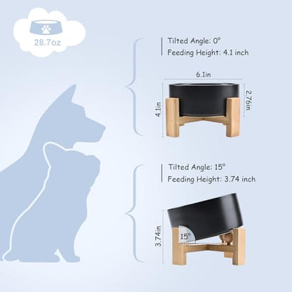 SPUNKYJUNKY 15° Slanted Ceramic Dog and Cat Bowl with Wooden Stand, Tilted Bulldog Food and Water Bowl No Slip Non-Spill for Cats Medium Dogs Big Face Pets 28.7 OZ (3.6 Cups, Black) - color: Black, size: 3.6 CUPS × 1