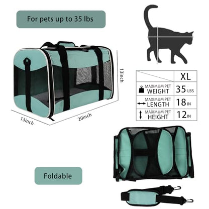 Cat Carrying Case - Pet Carrier, Up to 30Lbs Soft Sided Protable and Breathabl Pet Travel Carrier, Pet Travel Carrier Removable Fleece Pad, Collapsible for Large Cats Small Dogs(X-Large, Green) - color: green, size: 20.0"L x 13.0"W x 13.0"H