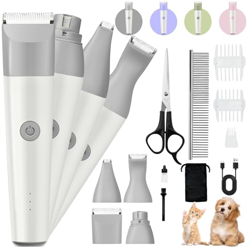 Dog Clippers Grooming Kit, 4 in 1 Quiet Cordless Dog Paw Trimmer & Nail Grinder, Small Dog Cat Clippers Electric Rechargeable Low Noise Pet Shaver for Trimming Hair on Paw Eye Ear Face Rump (Gray) - color: Gray