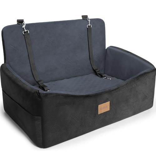 Dog Car Seat for Large Medium Sized Dogs Under 55 lbs, Dog Booster Seat for 2 Small Dogs with Detachable Washable Cover and Cushion, Memory Foam Pet Car Seat with 2 Safety Belts and Storage Pockets - color: Black Dark Grey, size: Medium/Large