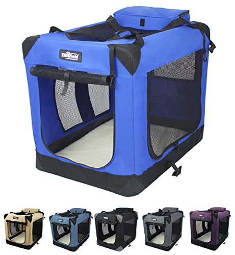 EliteField 3-Door Folding Soft Dog Crate with Carrying Bag and Fleece Bed (2 Year Warranty), Indoor & Outdoor Pet Home (20" L x 14" W x 14" H, Royal Blue) - color: Royal Blue, size: 20.0"L x 14.0"W x 14.0"H