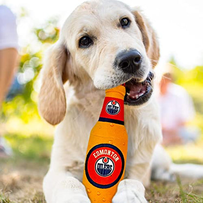Pets First NHL Edmonton Oilers Beer Bottle Plush Dog & Cat Toy- Cutest Stadium SODA Bottle Snack Plush Toy for Dogs & Cats with Inner Squeaker & Beautiful Hockey Team/Logo - color: Edmonton Oilers, style: NHL Beer Bottle Toy