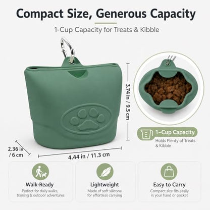 Upgraded Dog Treat Pouch with Strong Magnetic Closure - Small Silicone Training Bag, Waist-Mounted Clip & Leash Carabiner, Airtight Portable Treat Bag (Dark Green) - color: Dark Green