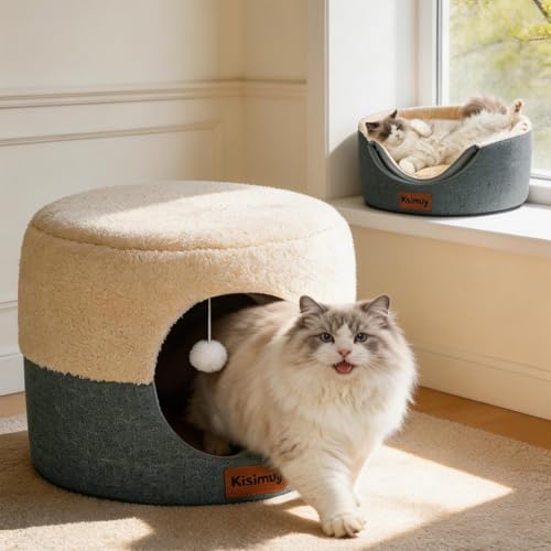2-in-1 Foldable Cat Bed for Indoor Cats, Cat Cave & Sofa Bed | 19.7"D x 15"H, Reversible Plush & Linen Cushion,Enclosed Cat Bed, Hanging Cat Toys, Non-Slip, Large Cat Couch, Grey - color: Grey, size: L-1Pack:19.7"Lx19.7"Wx14.9"H