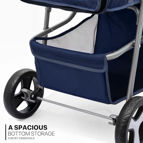 MoNiBloom 3 Wheels Pet Stroller, Foldable Dog Cat Cage Jogger Stroller with Weather Cover for All-Season, Storage Basket and Cup Holder, Breathable and Visible Mesh for Small/Medium Pets, Blue - color: Navy Blue