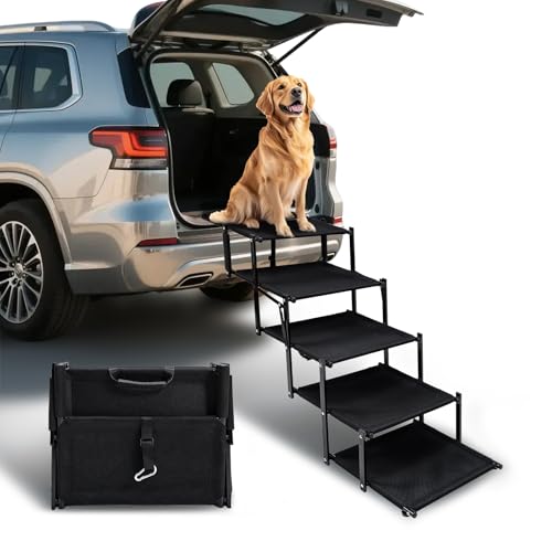Foldable Dog Stairs for Car SUV Truck, Portable Dog Steps for Large Injured, Pet Ramp with Non-Slip Surface,Suitable for Sofas, Bed, Supports Up to 130 lbs, 5 Steps
