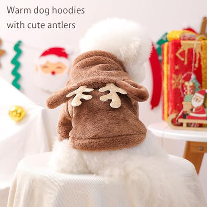 Reindeer Dog Costume Christmas Small Dog Hoodies with Antlers and Plush Ears Fleece Puppy Sweatshirt Winter Cat Clothes Cold Weather Coat Pet Santa Outfit (Brown, Small) - size: Small