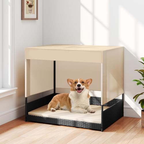 Tangkula Elevated Wicker Dog House for Small to Medium Breeds, Raised Rattan Pet Sofa Bed with Removable Cushion, Canopy Roof, Indoor & Outdoor Puppy Cat Shade Shelter for Patio, Yard, Garden