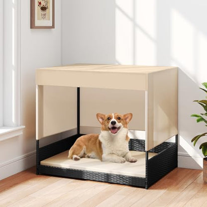 Tangkula Elevated Wicker Dog House for Small to Medium Breeds, Raised Rattan Pet Sofa Bed with Removable Cushion, Canopy Roof, Indoor & Outdoor Puppy Cat Shade Shelter for Patio, Yard, Garden