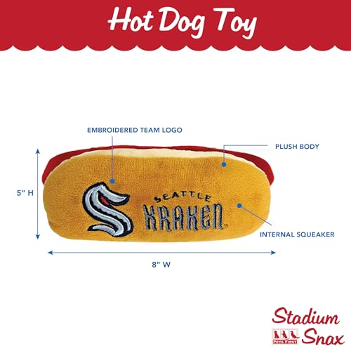 Pets First NHL Seattle KRAKENS HOT Dog Plush Dog & CAT Squeak Toy - Cutest HOT-Dog Snack Plush Toy for Dogs & Cats with Inner Squeaker & Beautiful Hockey Team Name/Logo - color: Seattle Kraken, style: NHL Hot Dog Toy