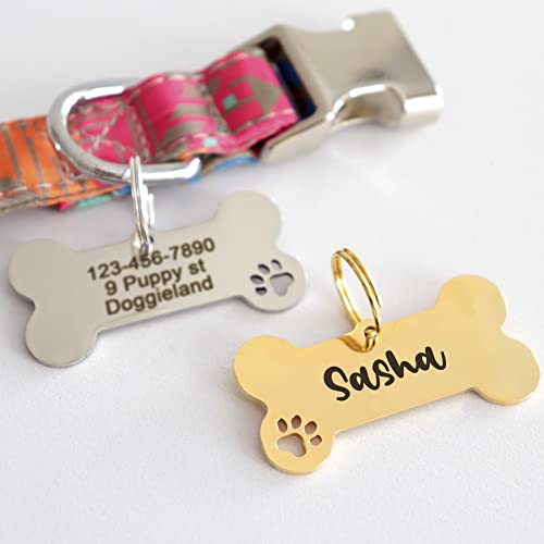 Custom Pet ID Tag, Personalized Cute Silver & Gold Bone & Hollowed Paw Shaped Collar Pendant Engraved Dog Name, Label, Address & Phone, Stainless Steel Shiny Puppies Tags Customizable on Both Sides