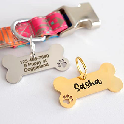 Custom Pet ID Tag, Personalized Cute Silver & Gold Bone & Hollowed Paw Shaped Collar Pendant Engraved Dog Name, Label, Address & Phone, Stainless Steel Shiny Puppies Tags Customizable on Both Sides